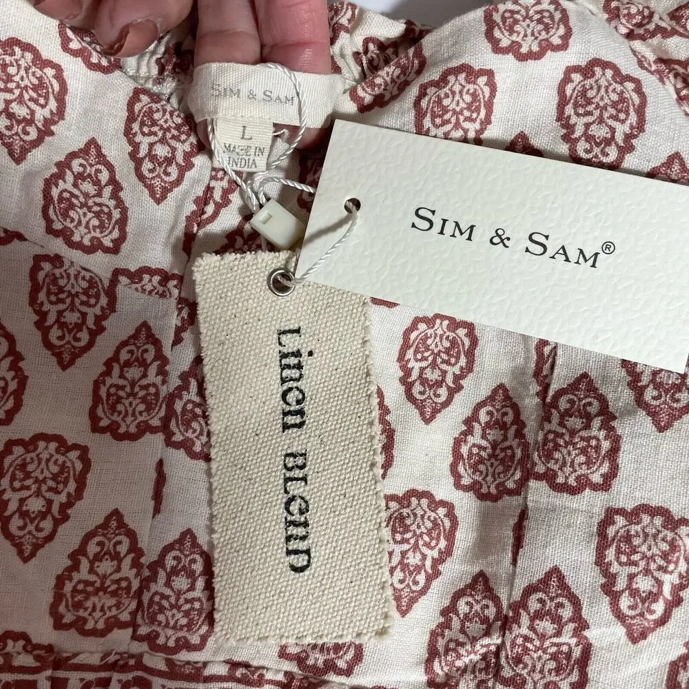 SIM & SAM Linen Blend Crop Top L Mauve Clay Boho Print Long Sleeve Peasant NEW